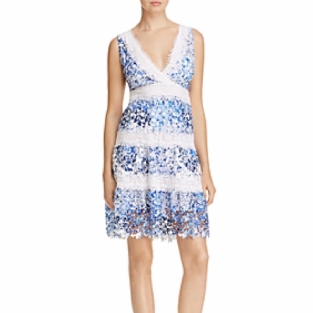 Tahari Raya Floral Crochet Lace Sleeveless A Line Midi Dress White Blue Sz L NWT